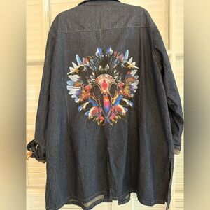 One of a kind!! Long lightweight Bohemian denim jacket with Colorful Bird Design
